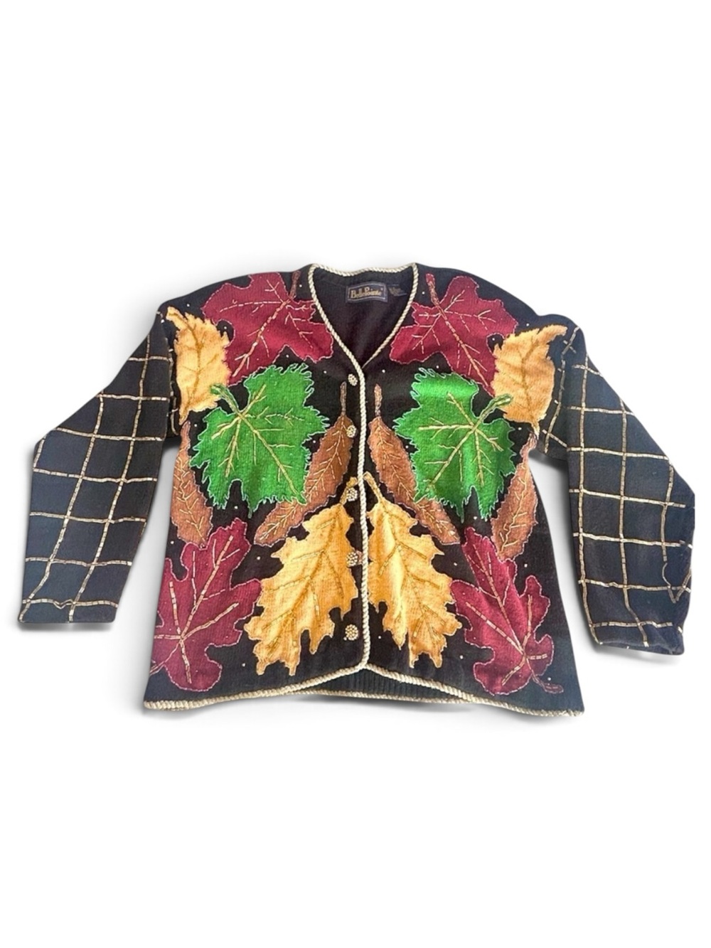 Bellepointe Vtg 90s Handmade Colorful Fall Leaf Cardigan Sweater Sz L Beaded